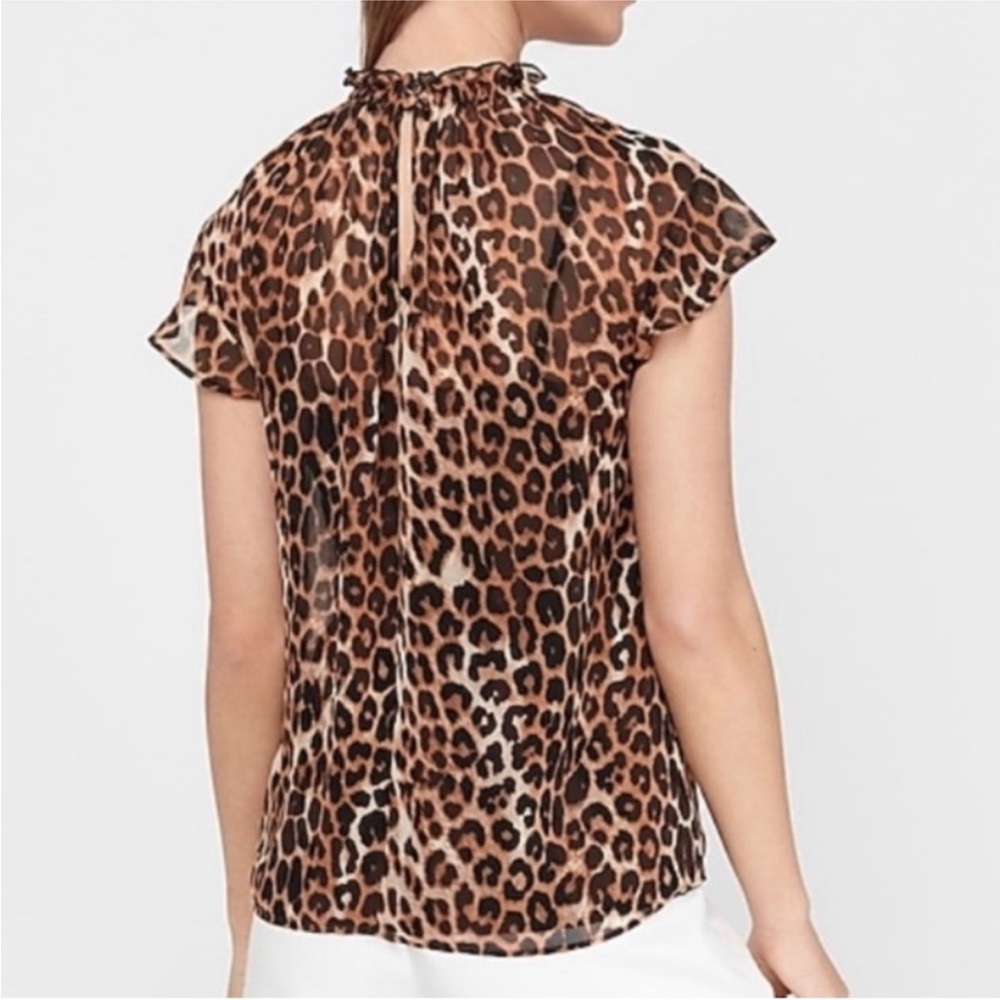 Express mock neck sheer leopard print short sleeve blouse top brown black S - Picture 2 of 16